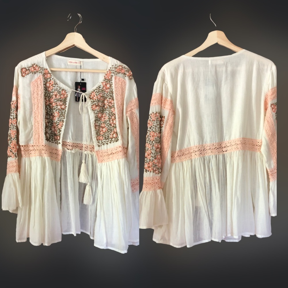 Beaded cotton gauze lace trimmed boho jacket